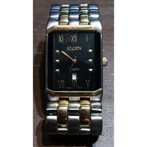 Men's ELGIN Classic Two-Tone Black Dial, Steel Bracelet Quartz Watch, Date, 25mm